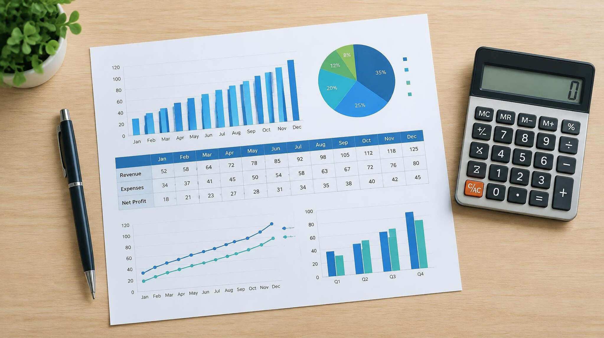 Spreadsheet with financial charts, calculator and pen on a desk