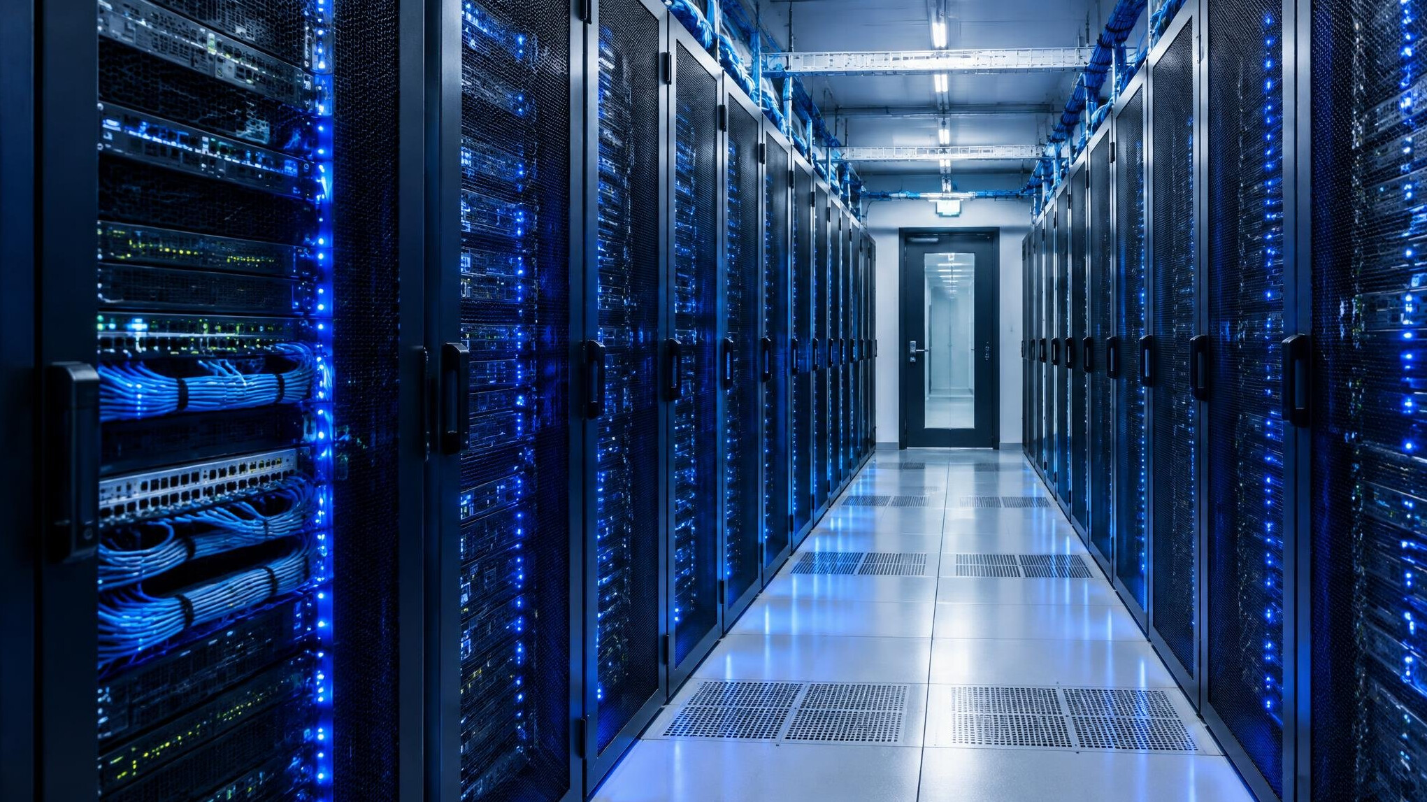 Server room with glowing blue lights and a digital padlock overlay concept