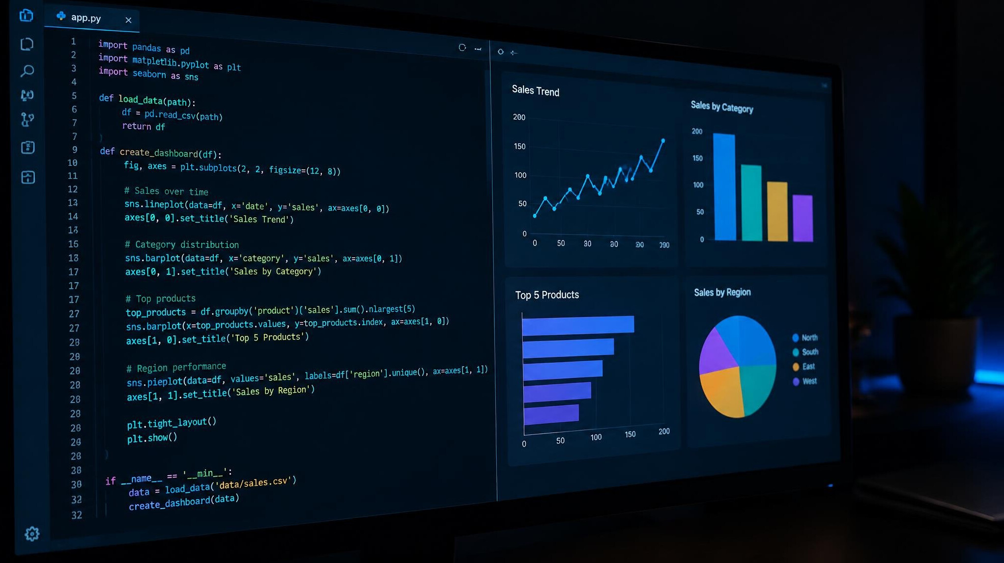 Close-up of a computer monitor displaying programming code and data dashboards