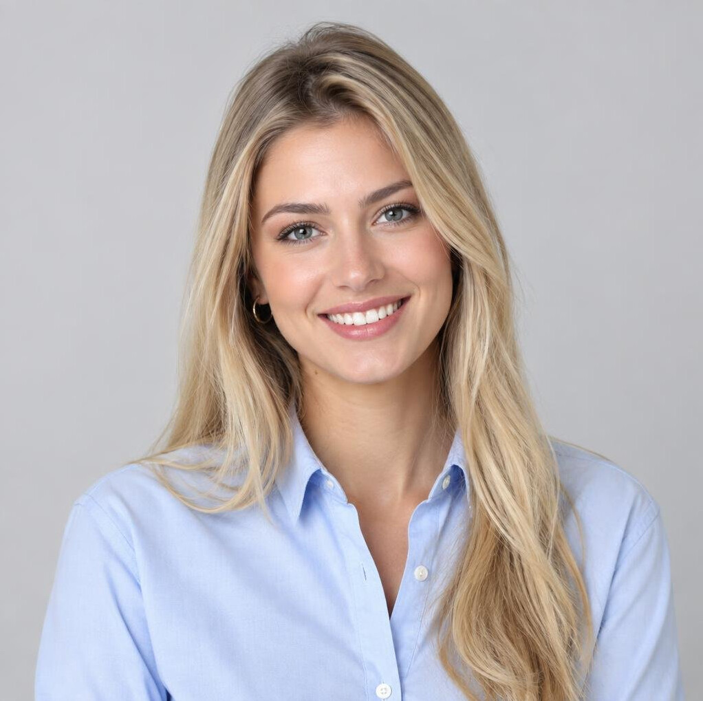 Croatian woman in her 20s with long blonde hair wearing a casual shirt, studio portrait