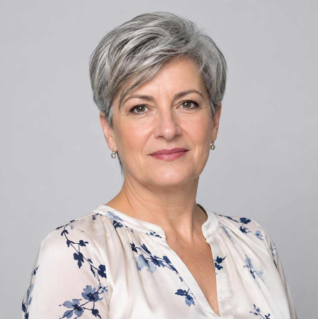 Croatian woman in her 50s with short gray hair wearing a blouse, studio portrait